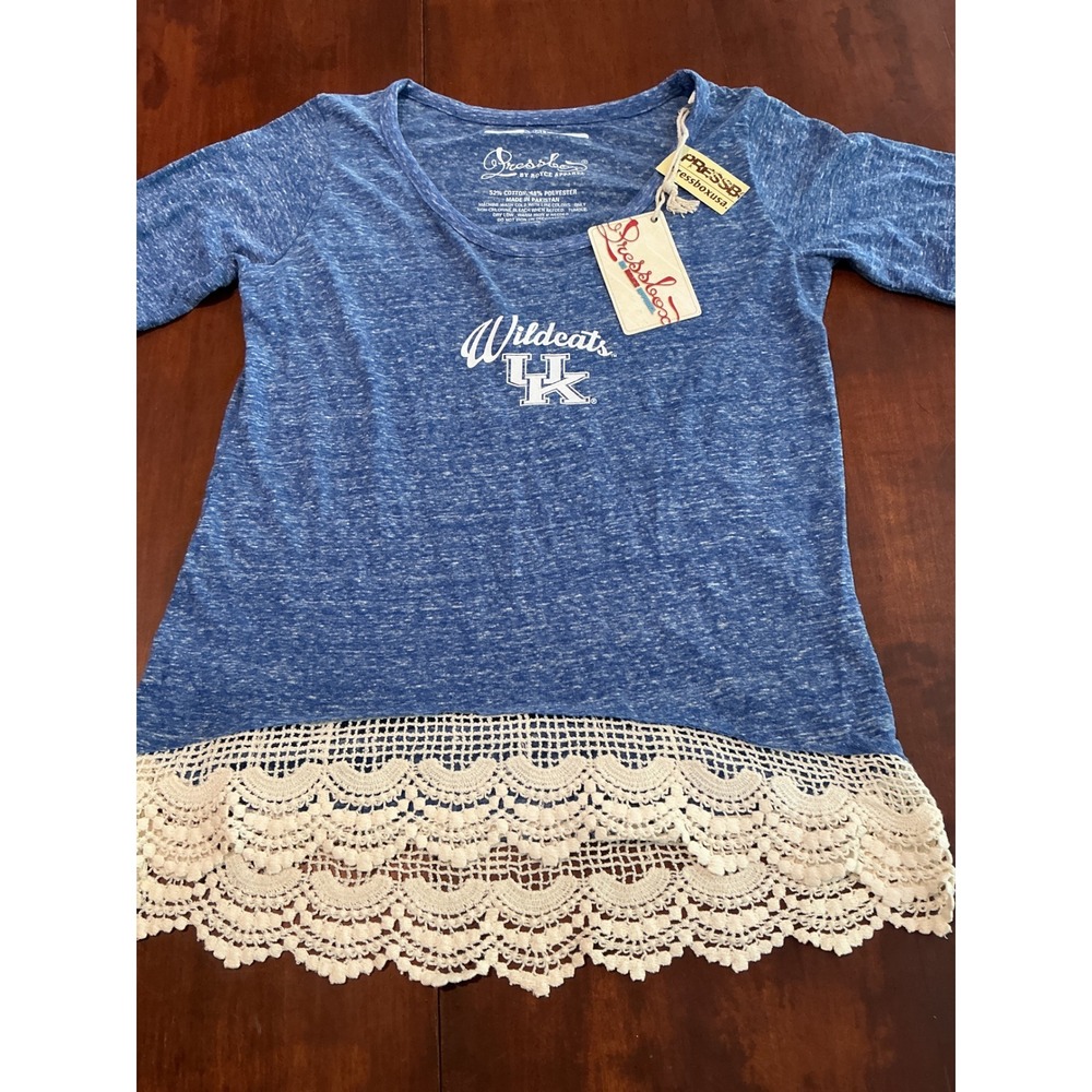 Pressbox Kentucky Wildcats Blue Heathered Crochet Lace Hem Top NWT Small